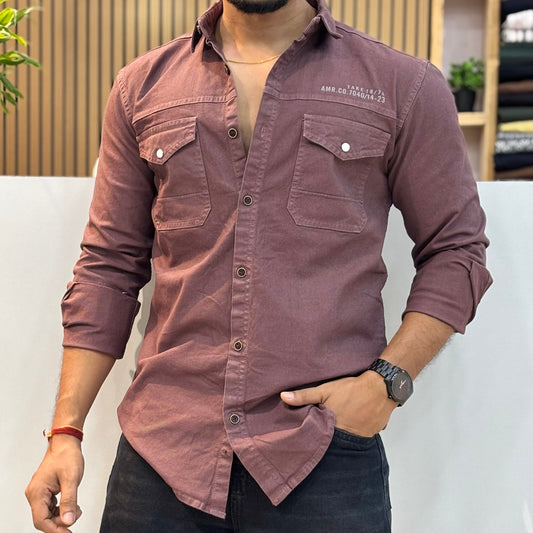Brown Double Pocket Back Print Shirt