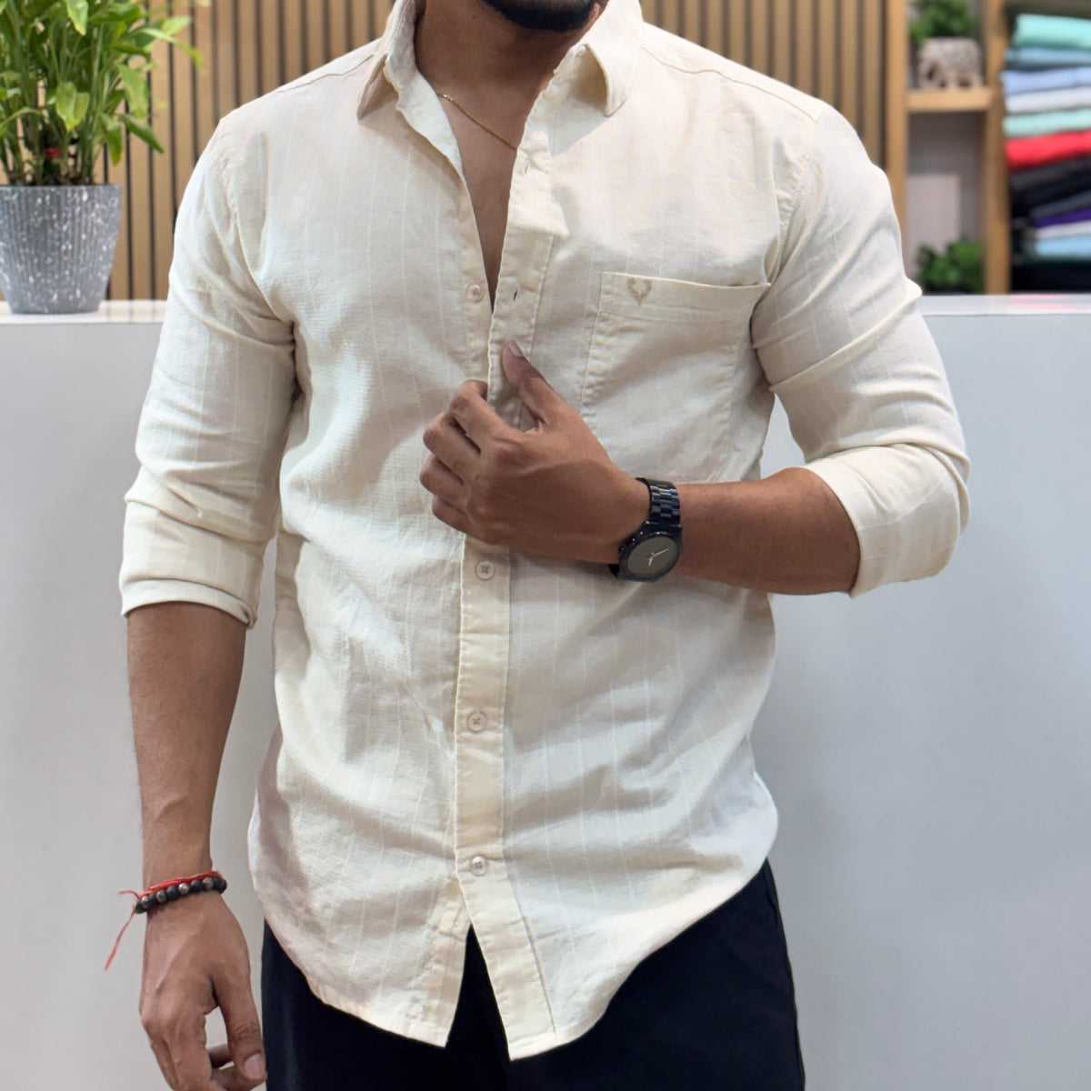 Premium Textured Cotton Shirt – Cream