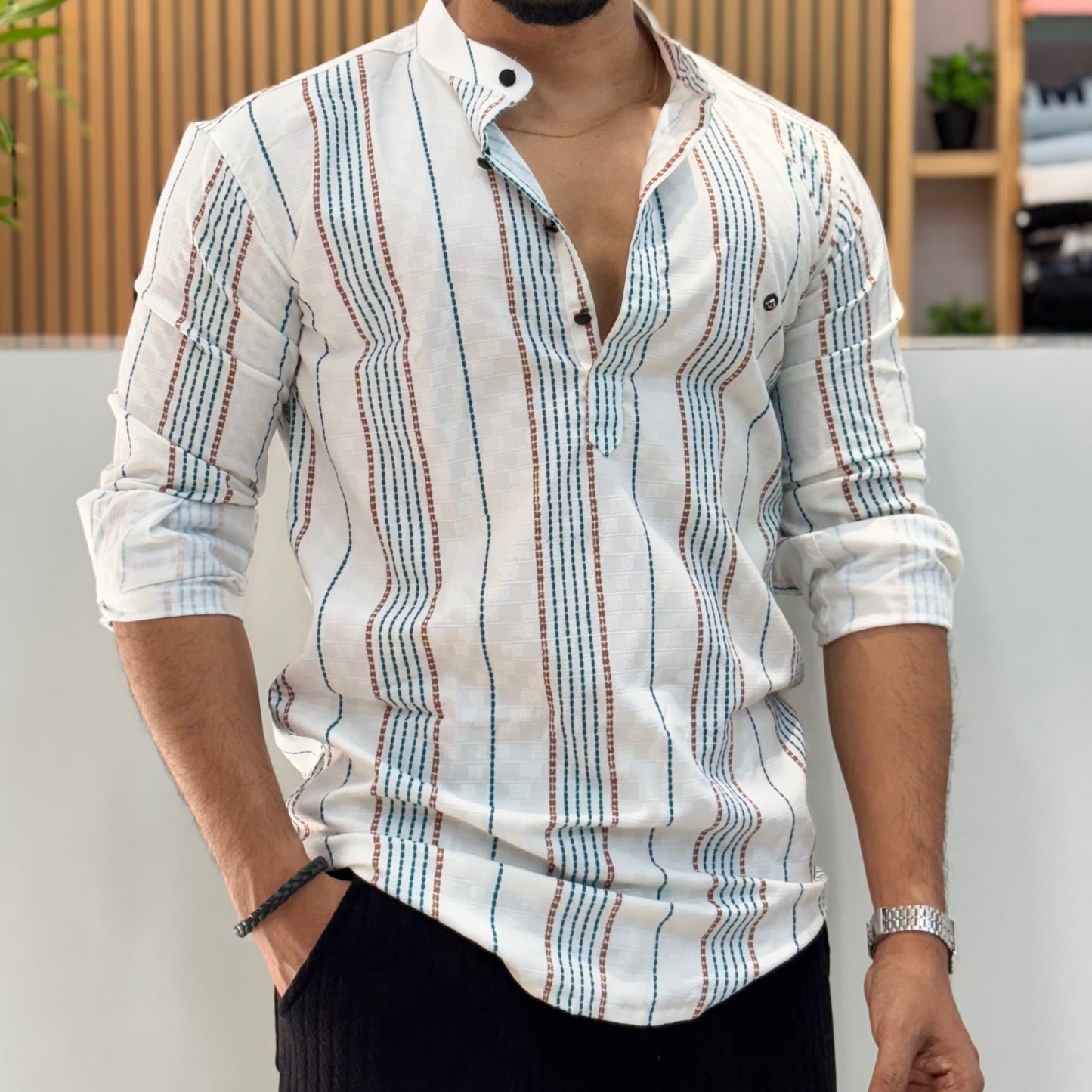 Digital Print Blue Stripe Short Kurta