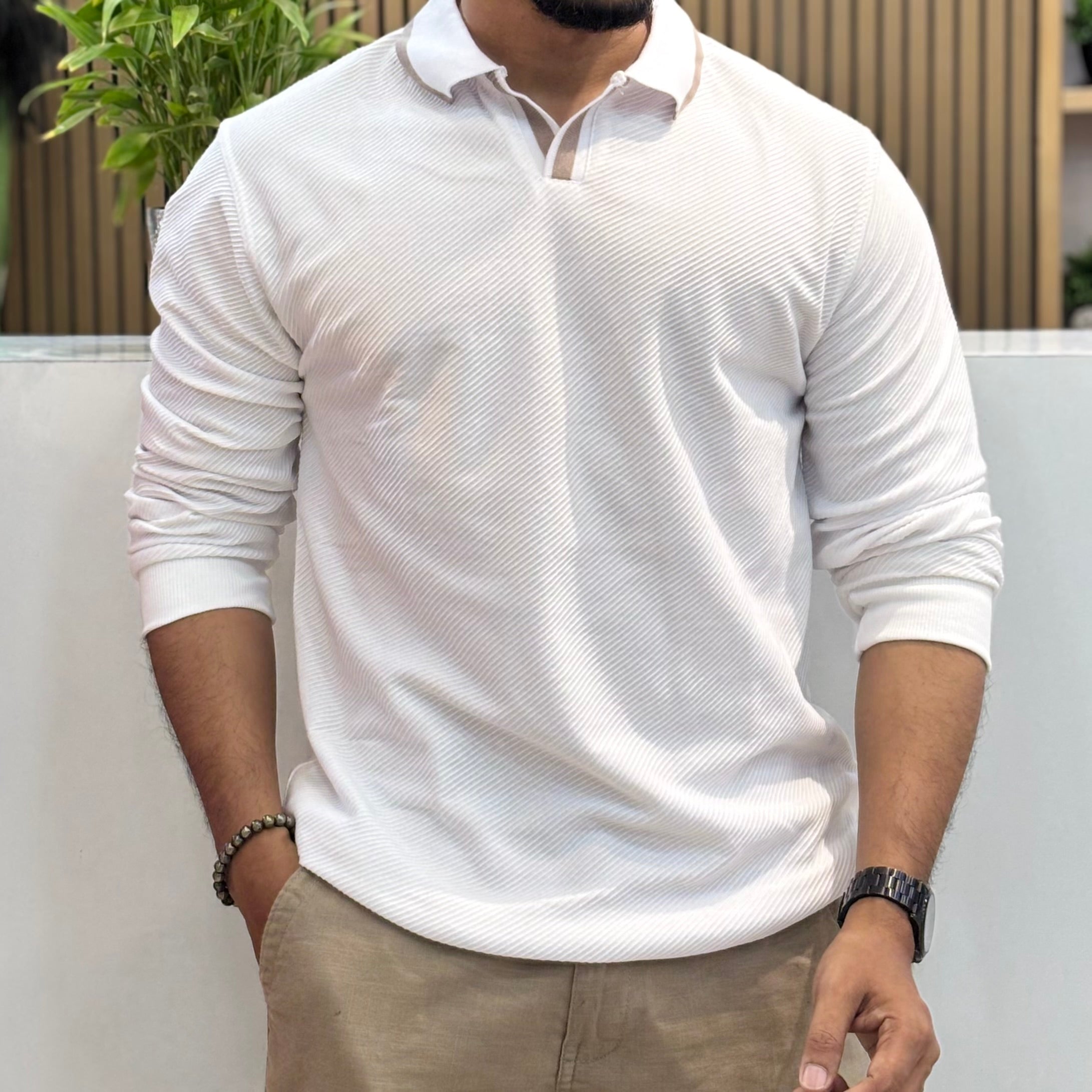 Textured Open-Placket Polo T-shirt