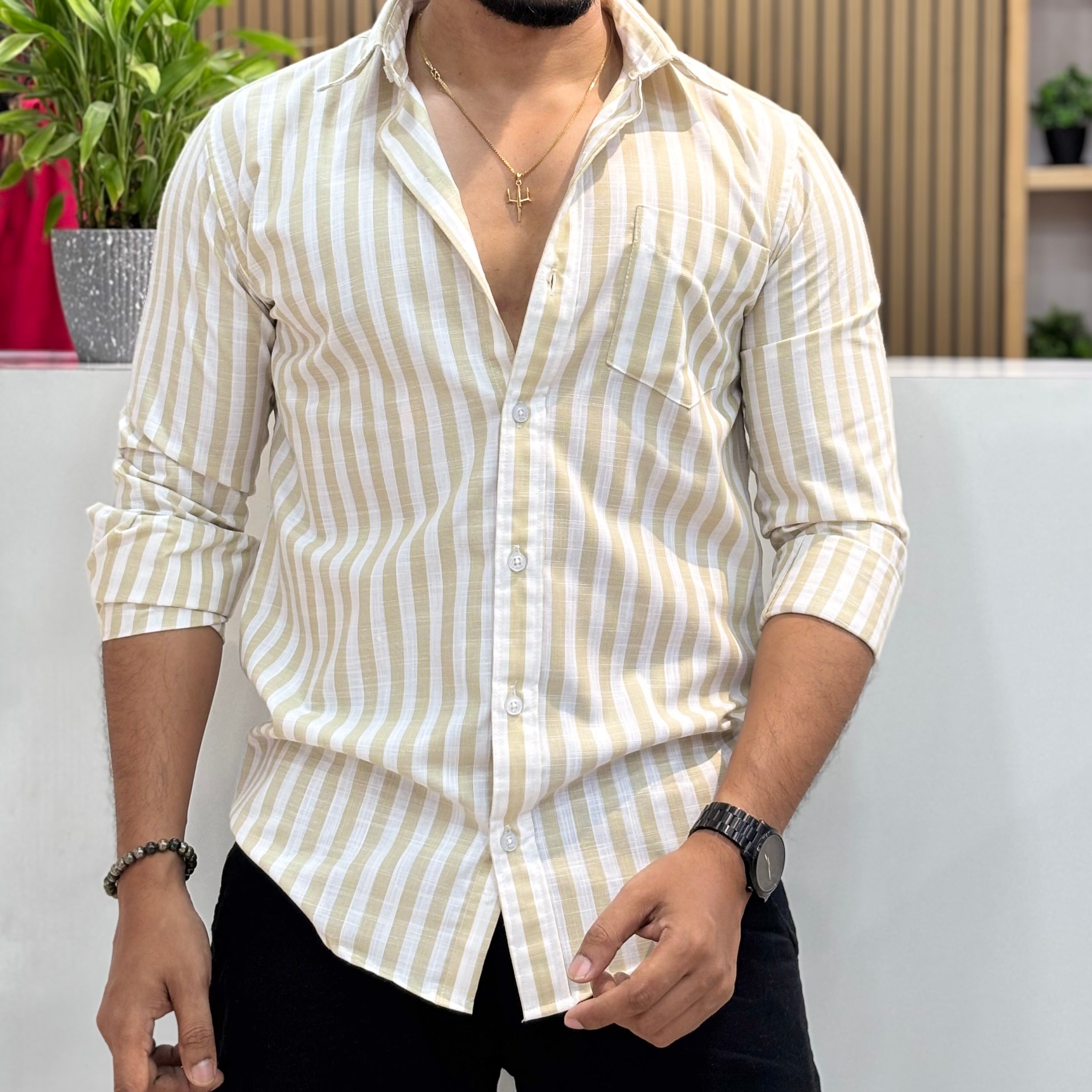 Premium Stripe Cotton Shirt - Beige