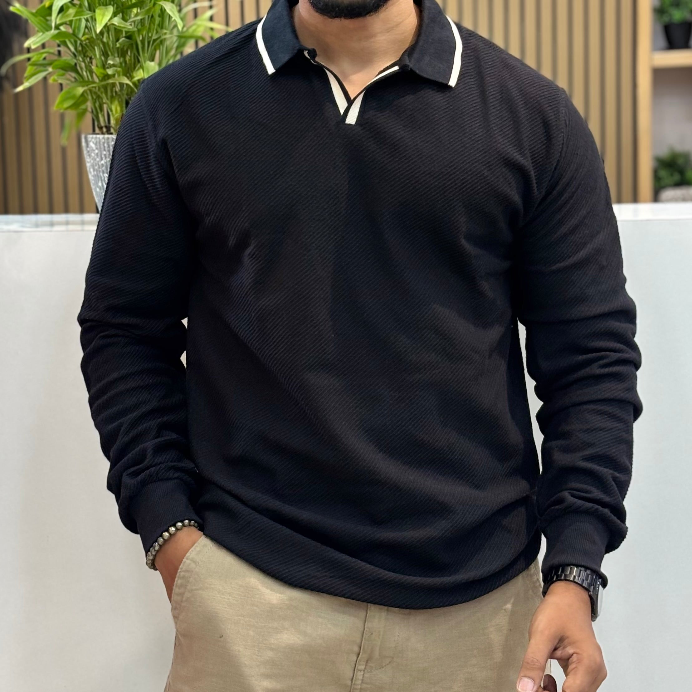 Textured Open-Placket Polo T-shirt