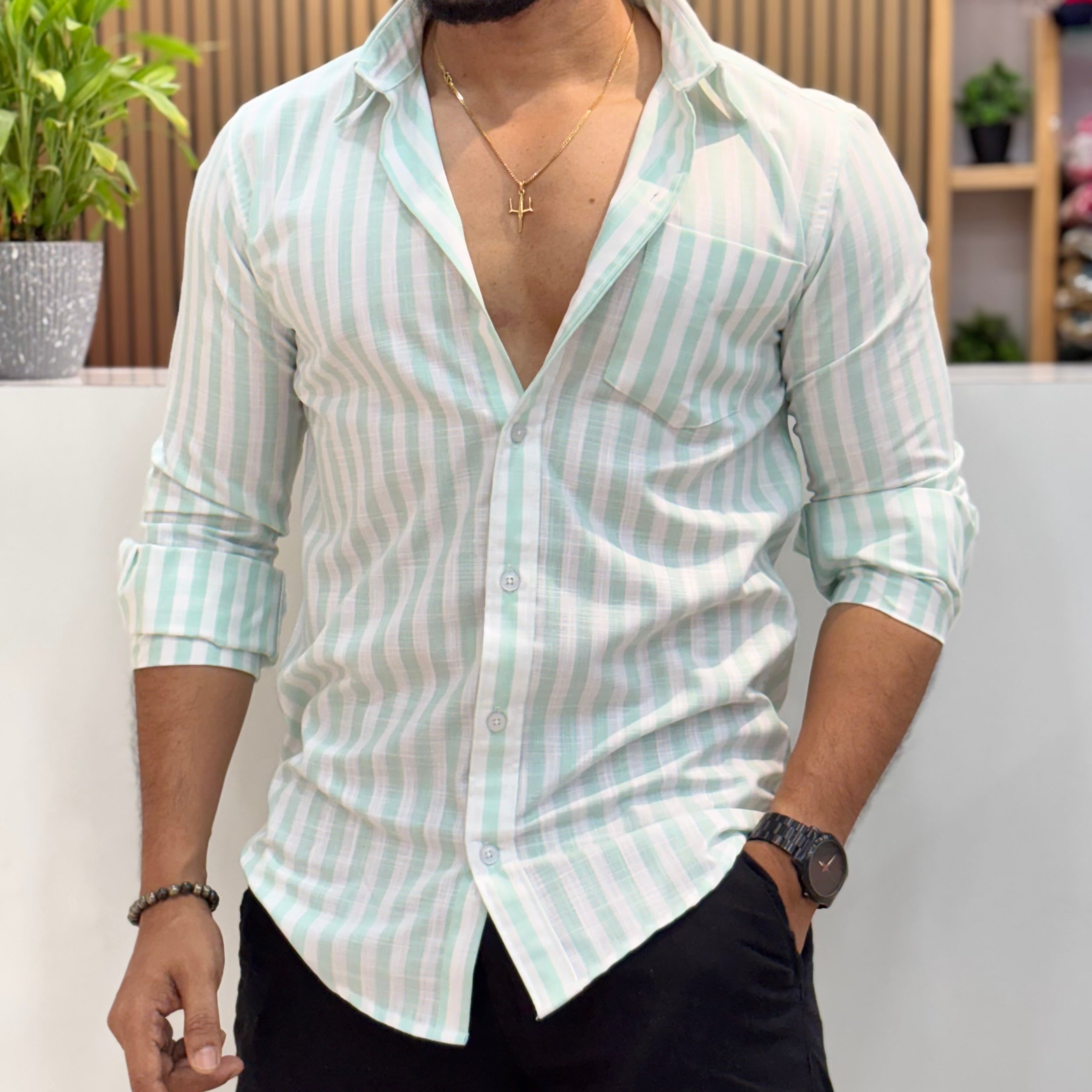 Premium Stripe Cotton Shirt - Mint Green