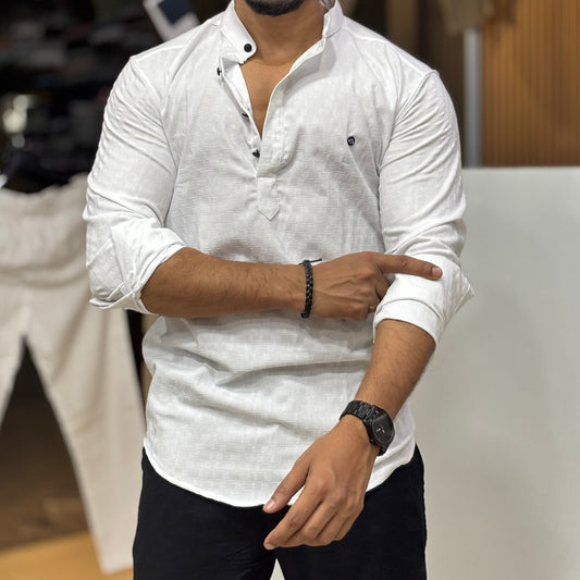 White Self Texture Short Kurta