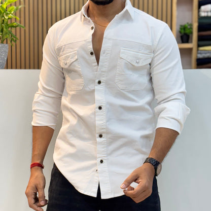 White Double Pocket Back Print Shirt