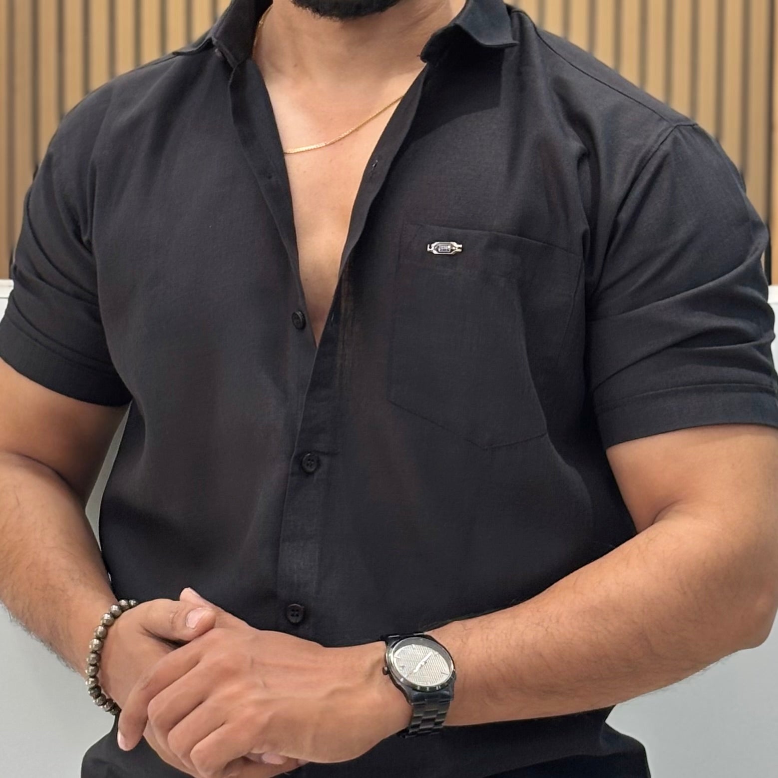 Half Sleeve Linen Blend Shirt Black