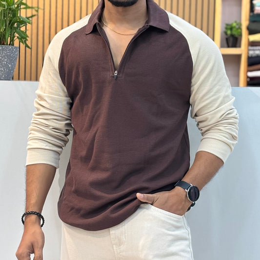 Raglan Polo Full Sleeve T-Shirt Brown