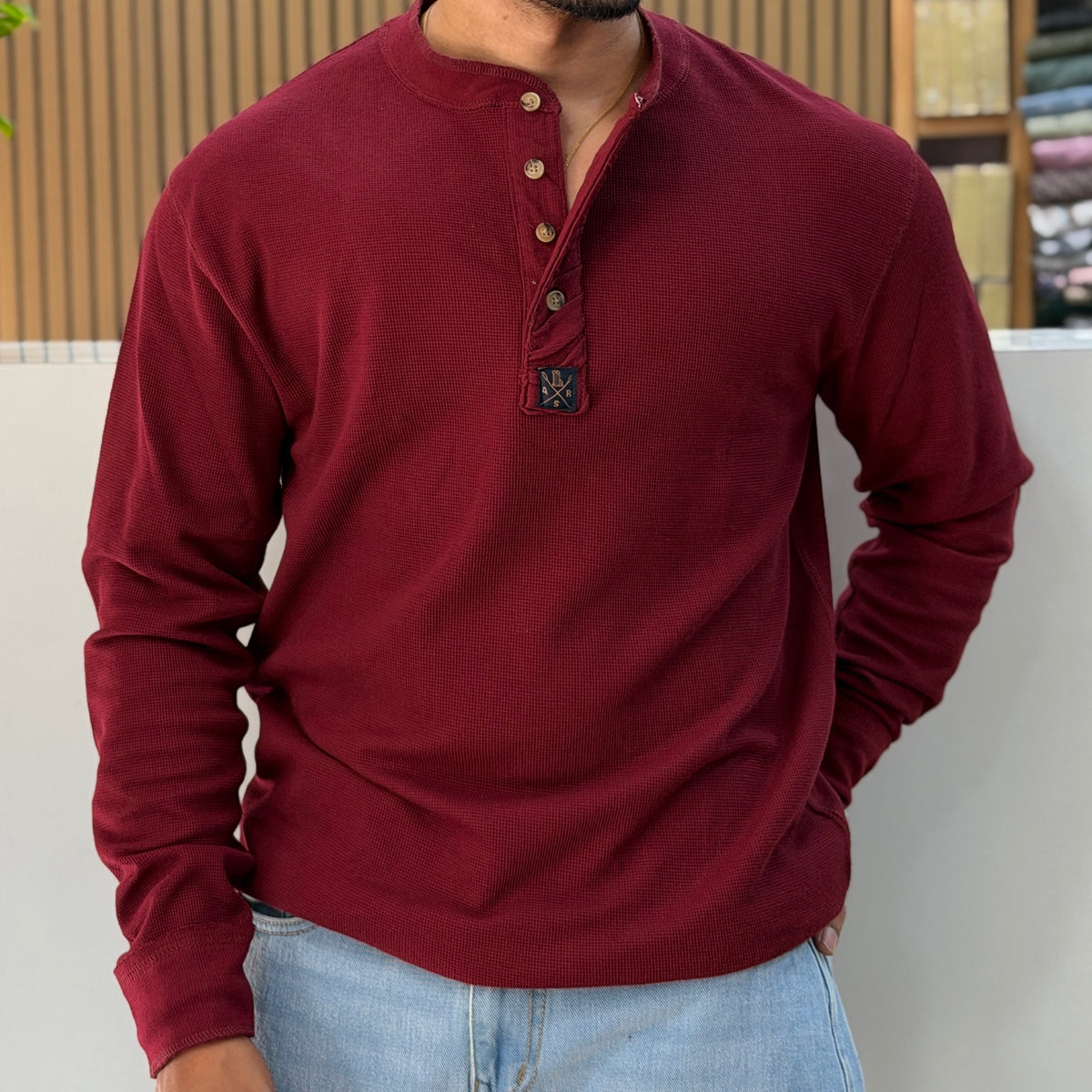 Henley Neck Regular Fit Pure Cotton T-shirt - Wine