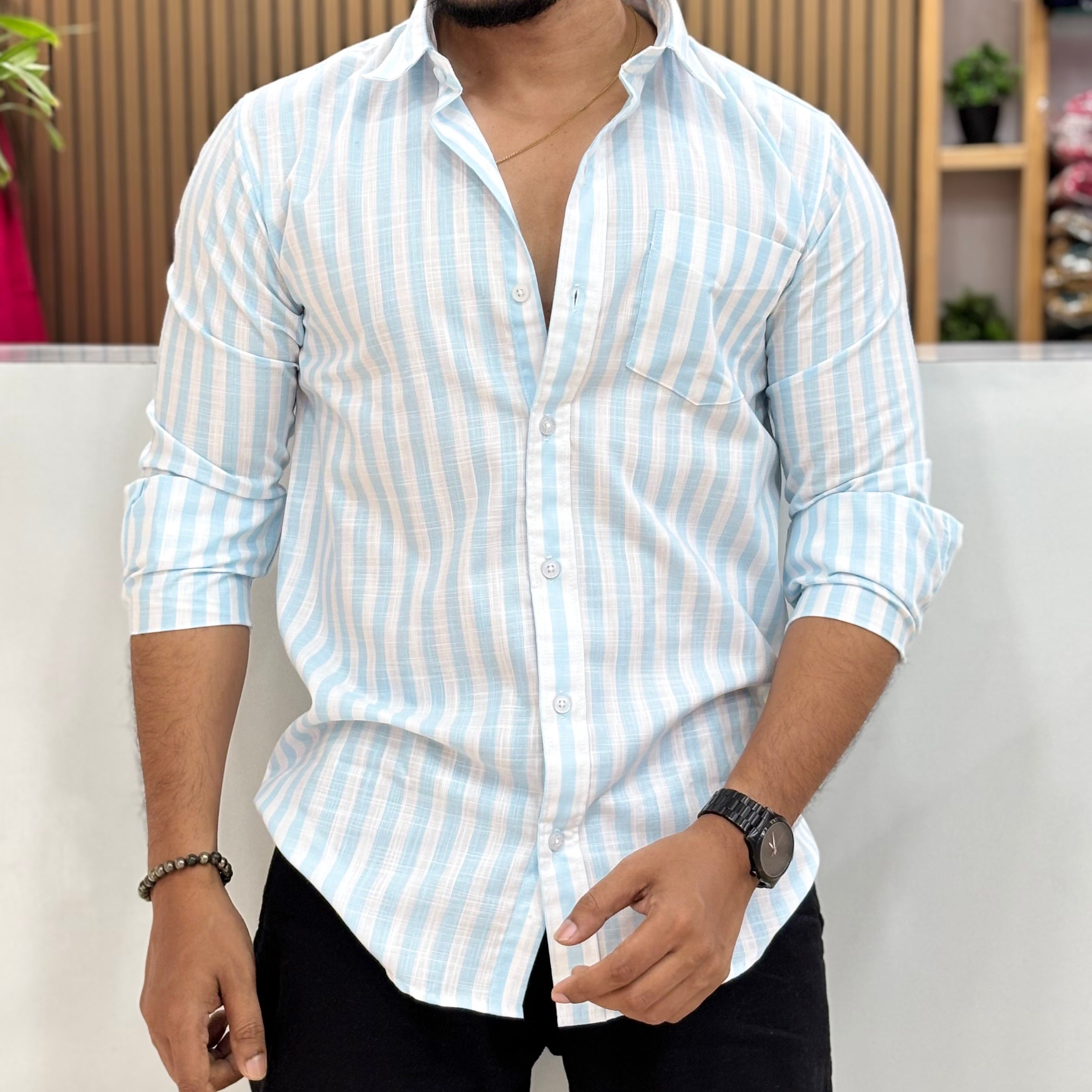 Premium Stripe Cotton Shirt - Sky Blue