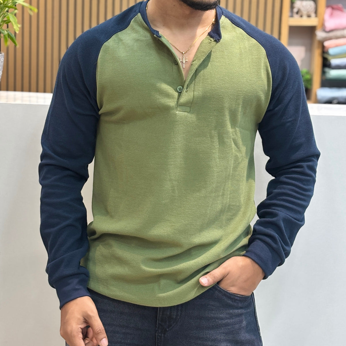 Raglan Ribbed Henley T-Shirt - Olive Green
