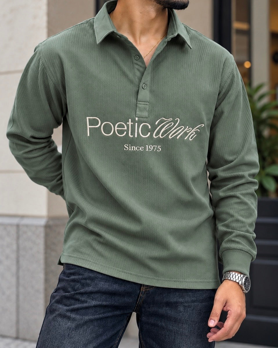 Embroidered Waffle Boxy Fit Polo - Sage Green