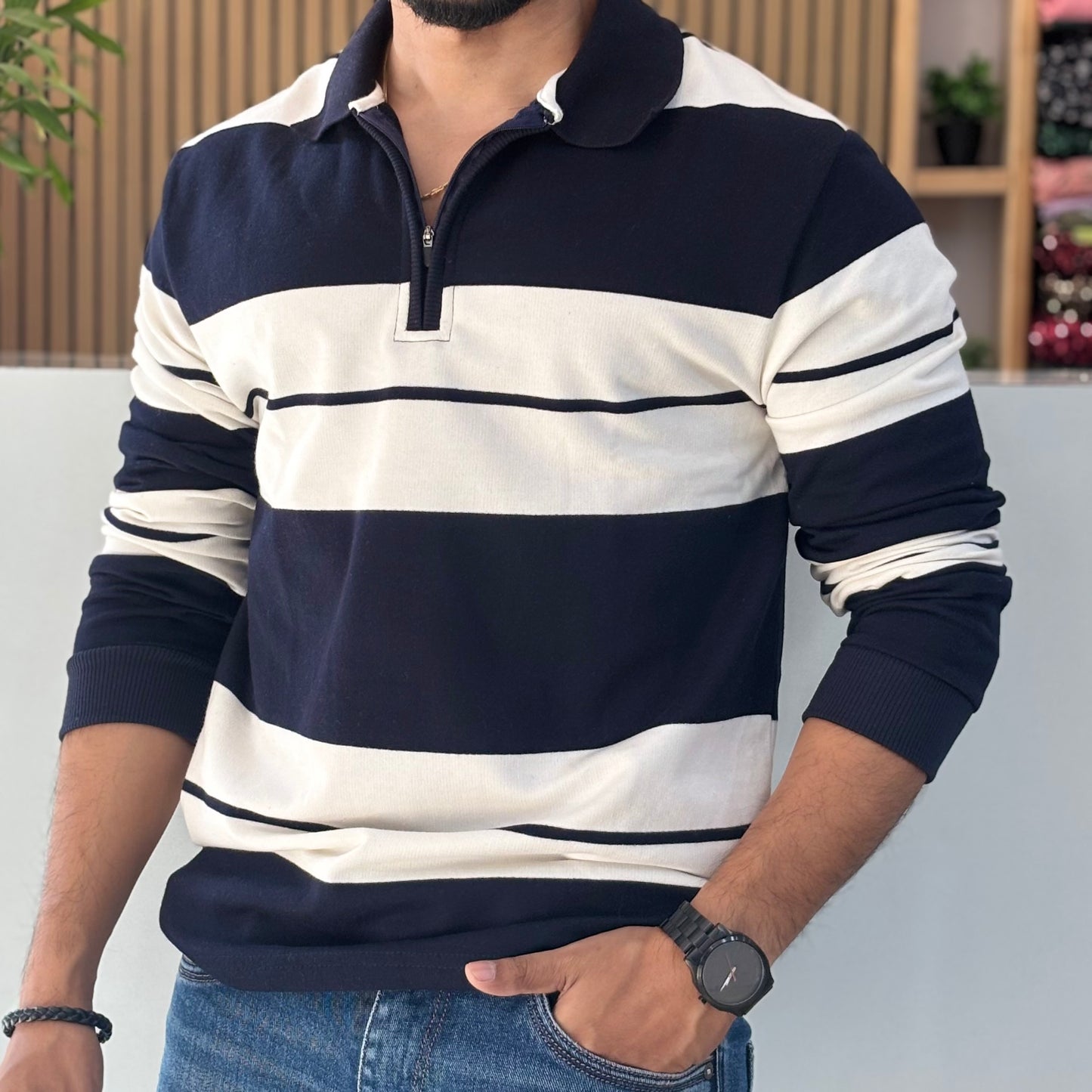 Striped Polo Collar Cotton T-shirt Navy Blue