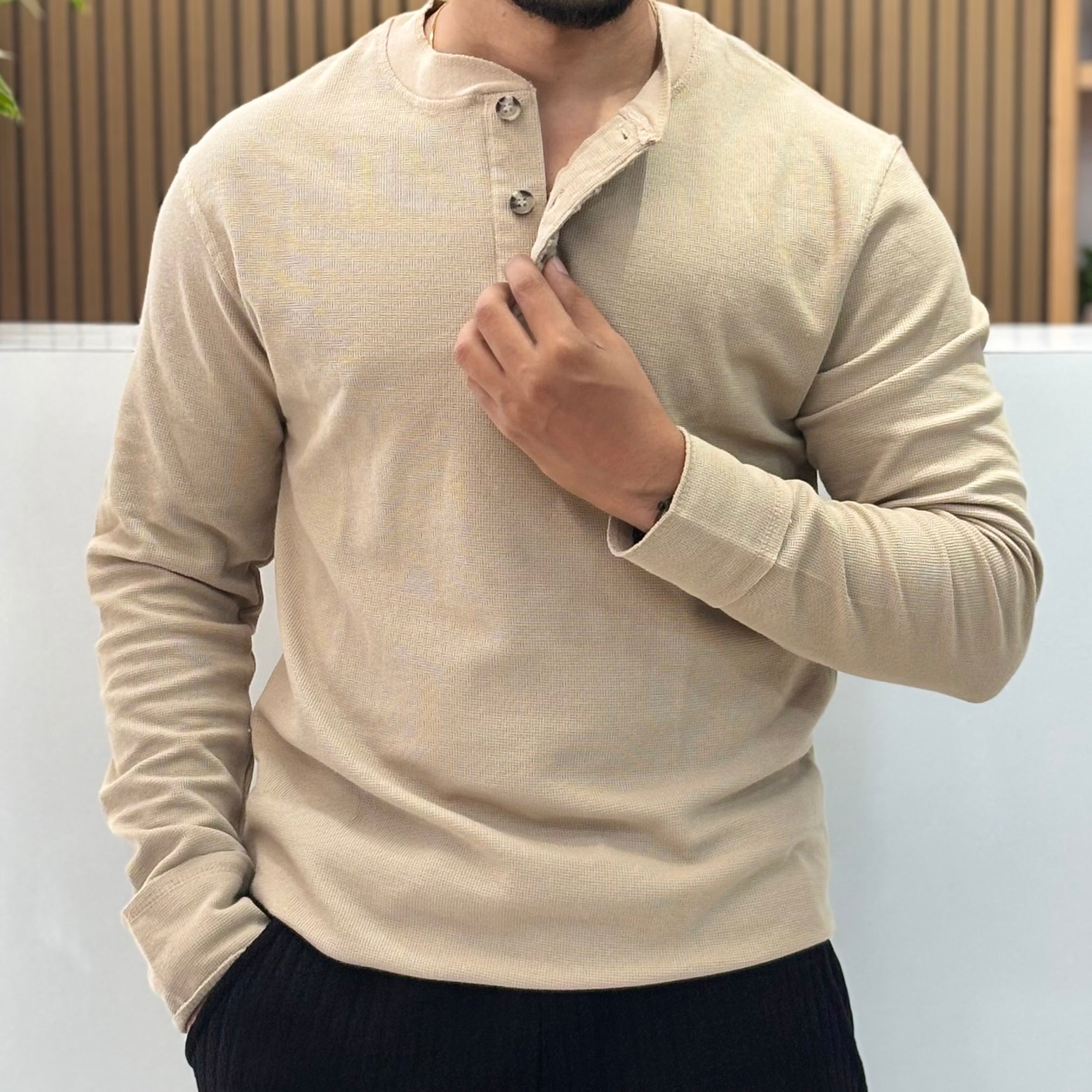 Henley Neck Regular Fit Pure Cotton T-shirt - Cream