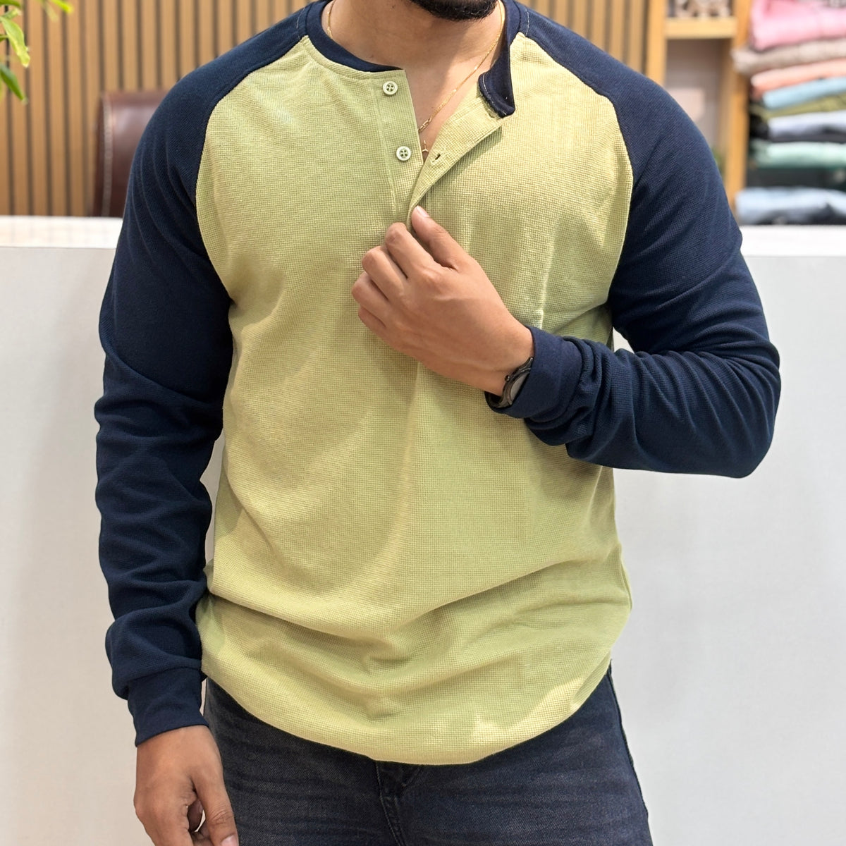 Raglan Ribbed Henley T-Shirt - Lemon