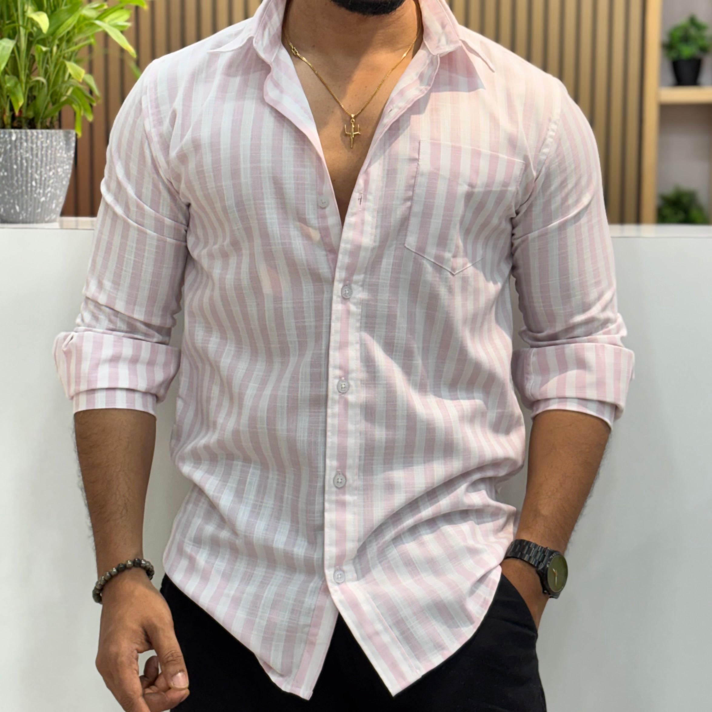 Premium Stripe Cotton Shirt - Pastel Pink