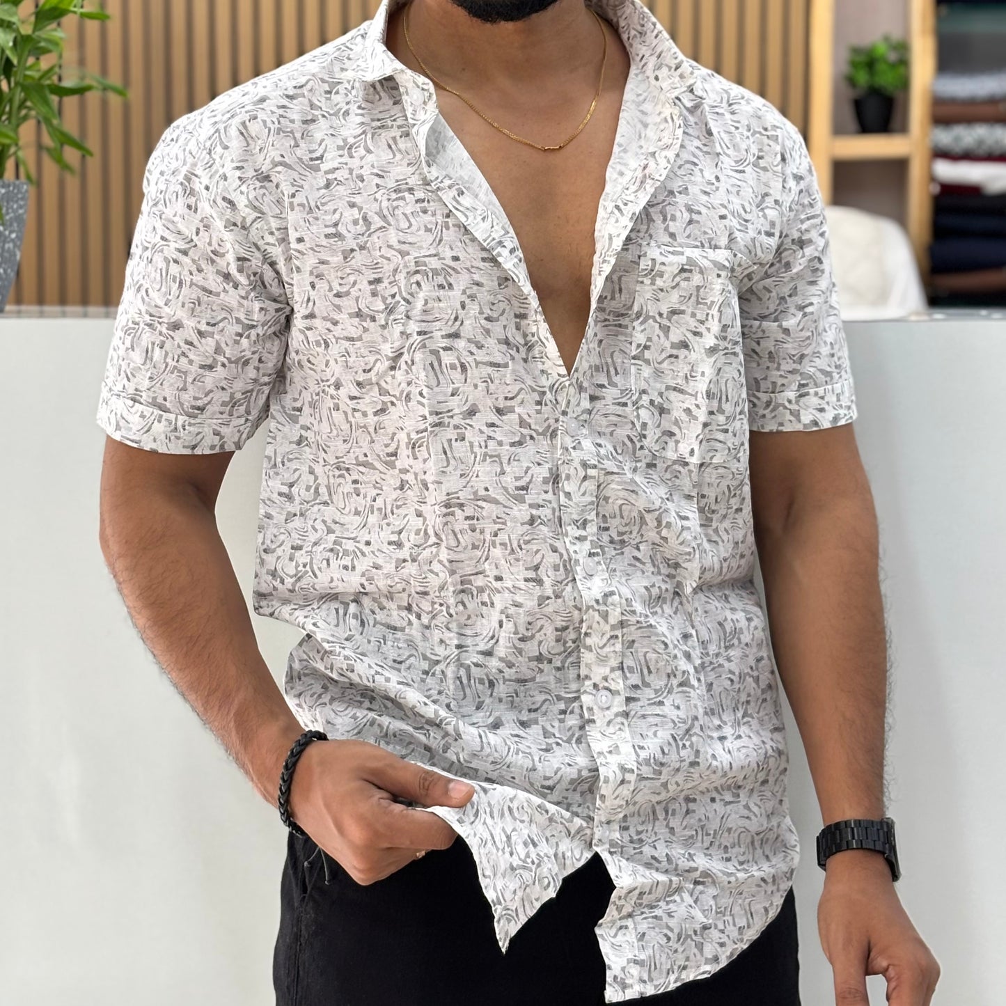 Half Sleeve Cotton Printed Shirt Grey