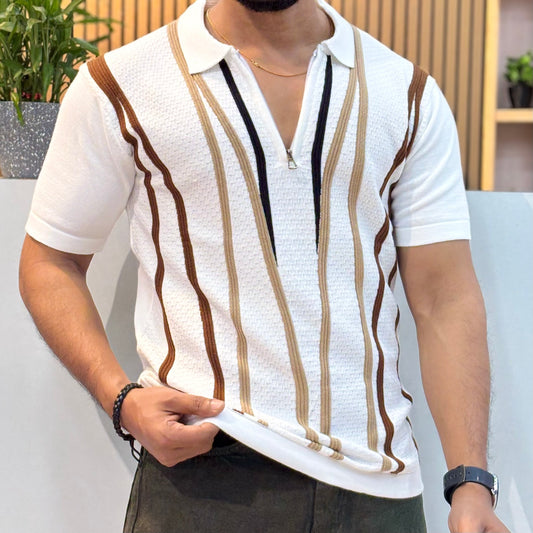 Polo Knit Cotton Blend Striped T-shirt White