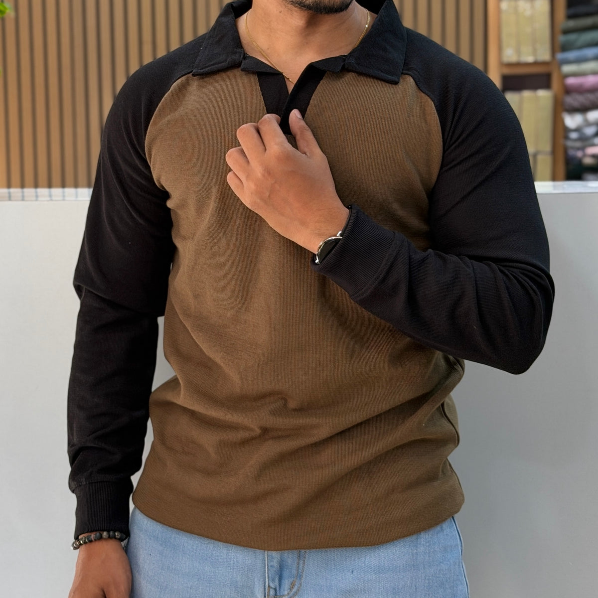 Contrast Collar Polo T-Shirt - Olive
