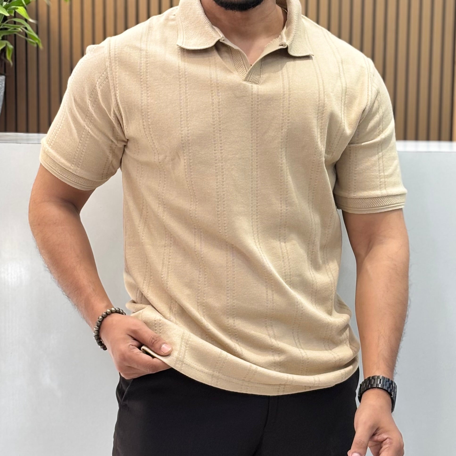 Premium Textured Polo T-Shirt - Beige