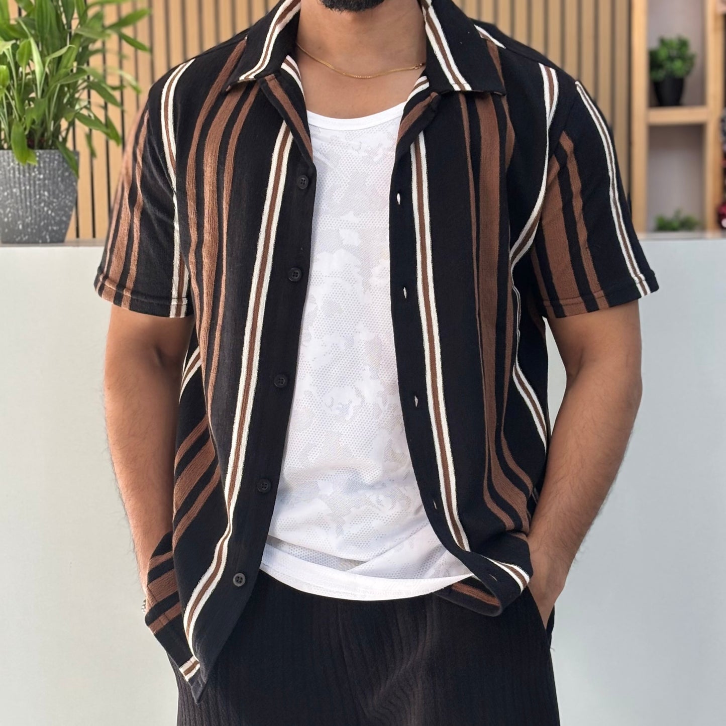 Brown & Black Striped Cuban Collar Half Sleeve Shirt
