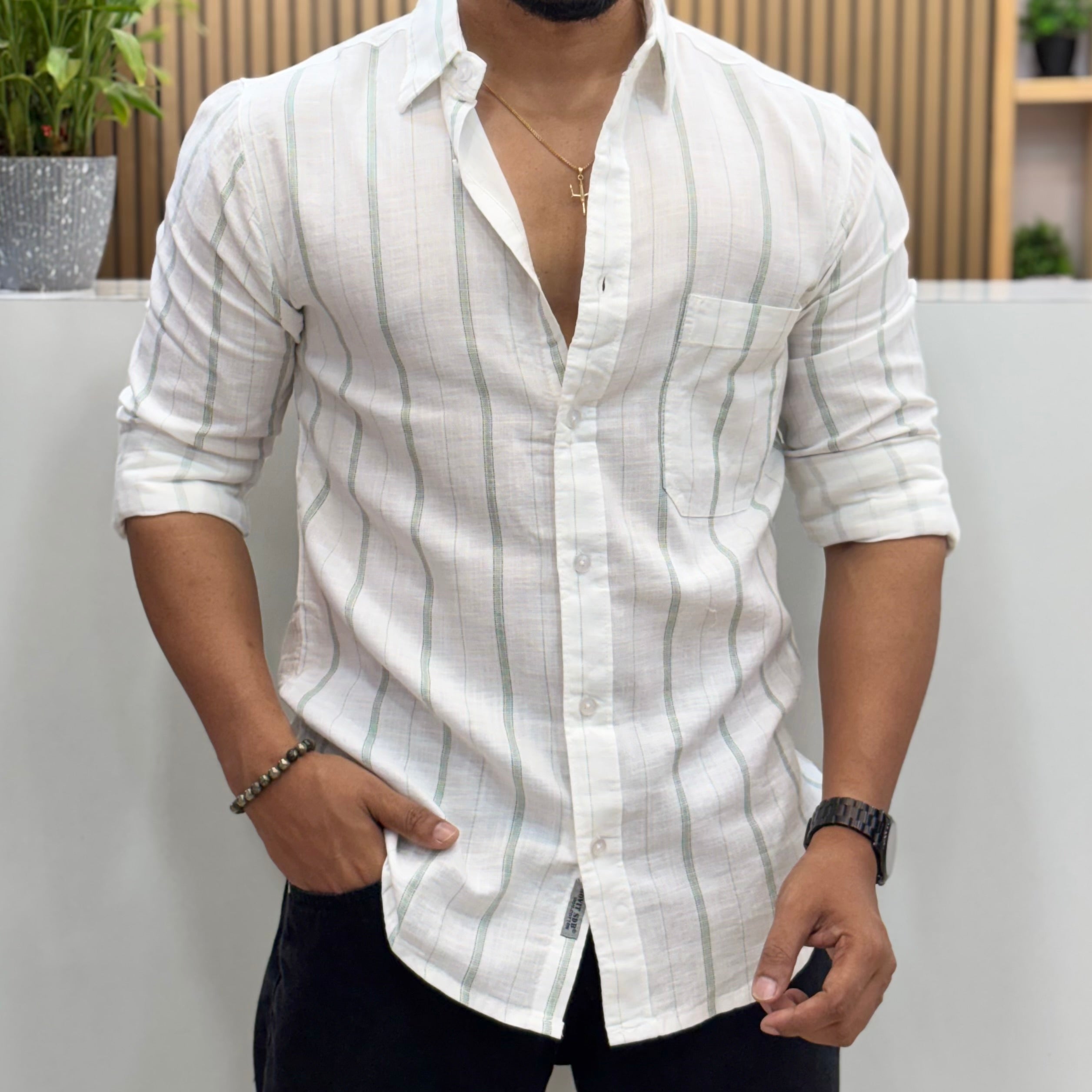 Vertical Stripe Cotton Linen Shirt