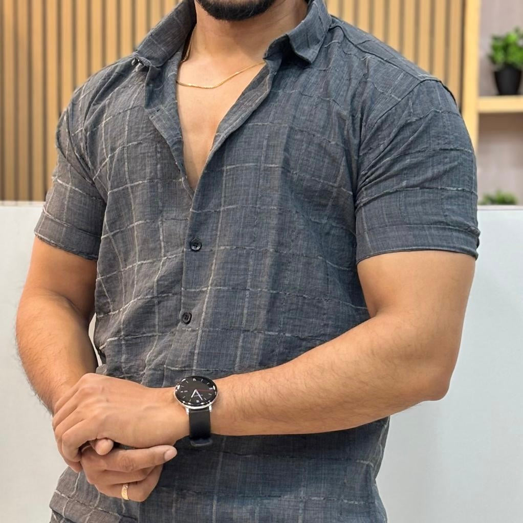 Linen Checks Half Sleeve Shirt Charcoal