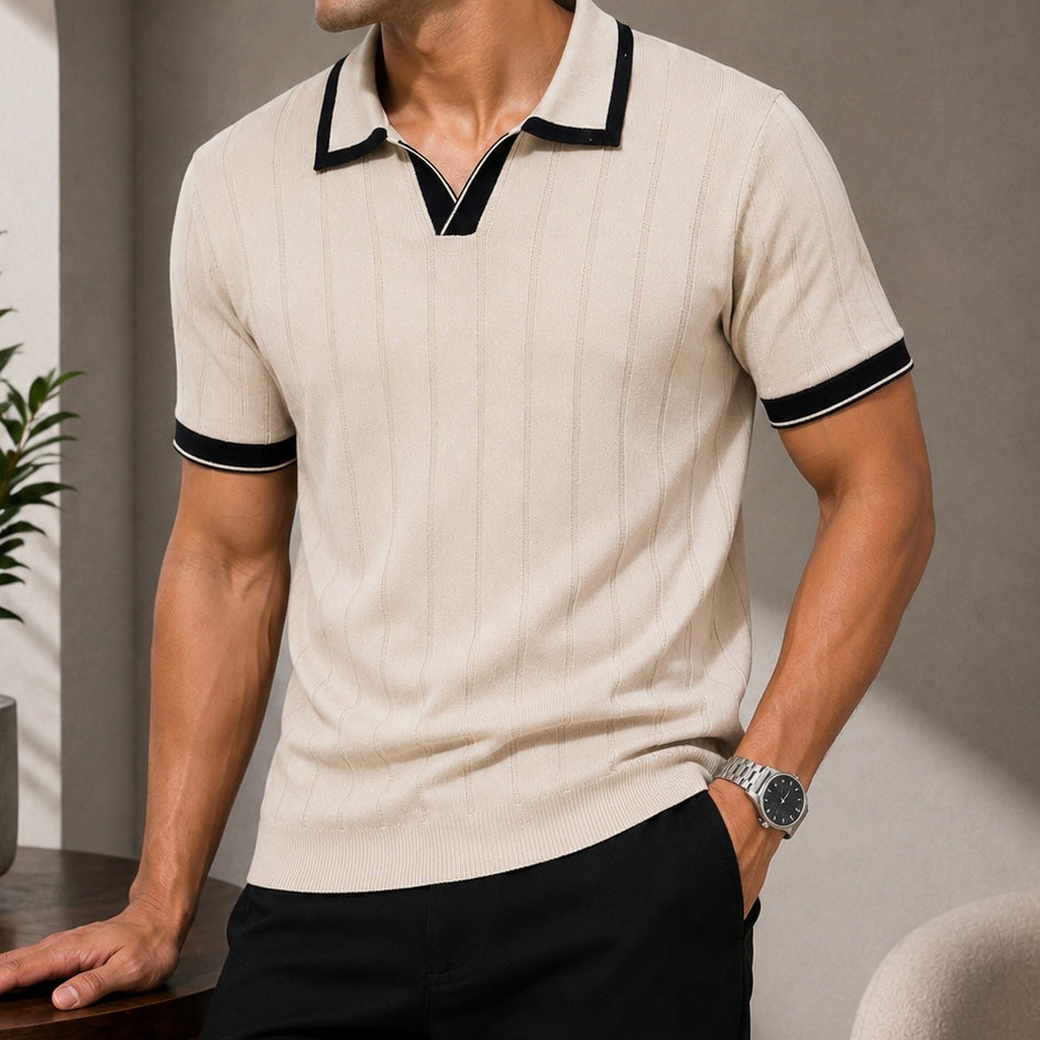 Ribbed Knit Contrast Collar T-Shirt