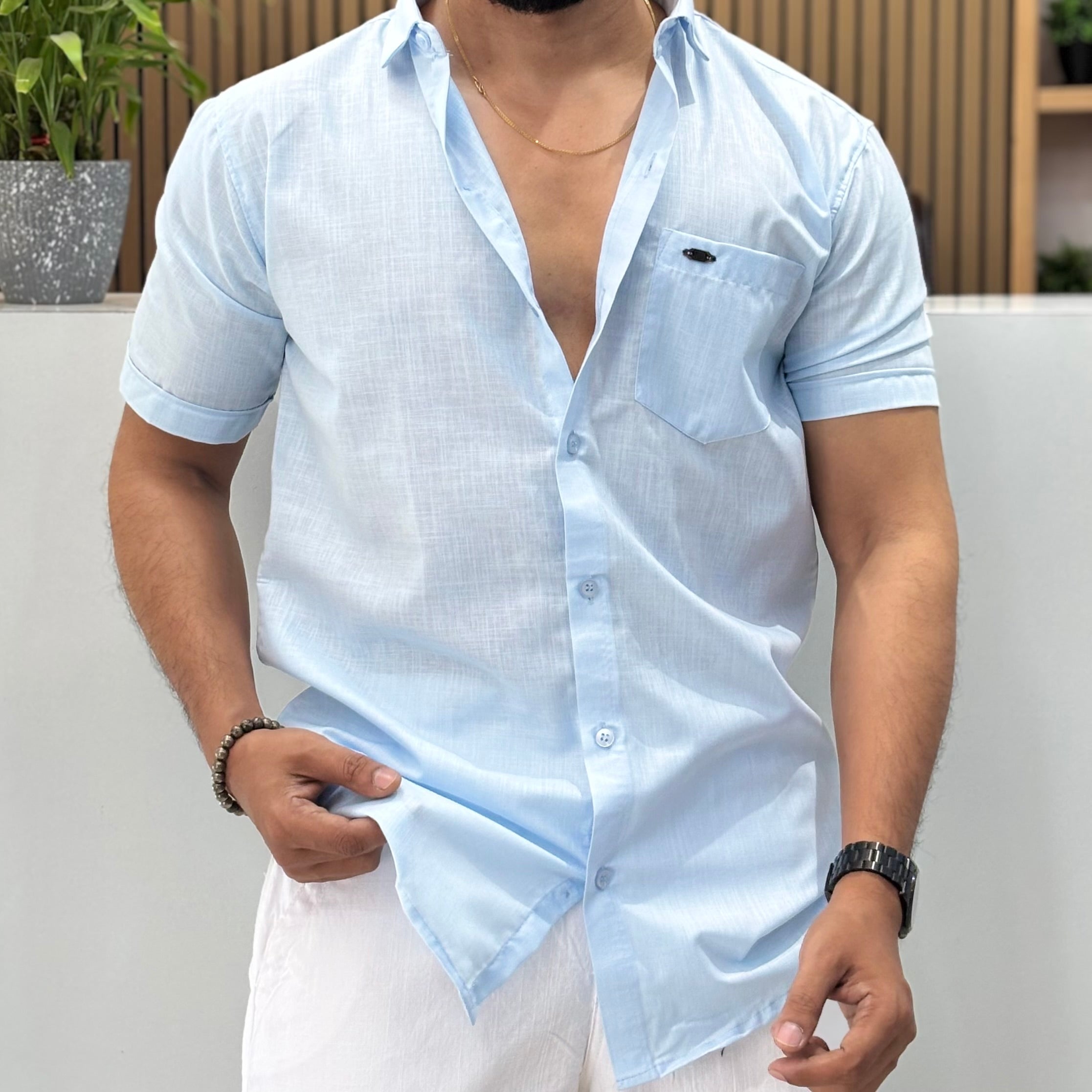 Half Sleeve Linen Blend Shirt Sky Blue