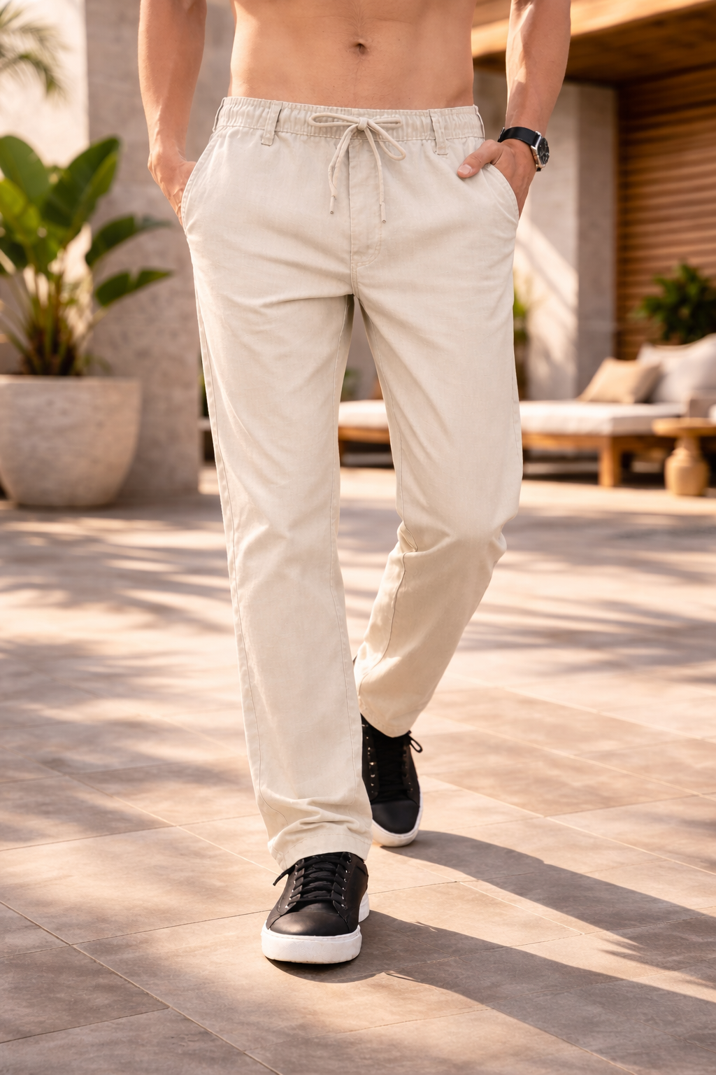 Linen Blend Cotton Pant Beige