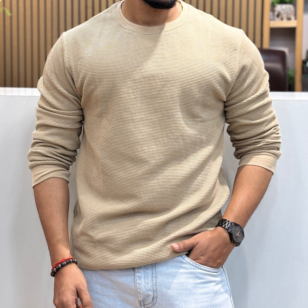 Waffle Full-Sleeve Crew Neck T-Shirt