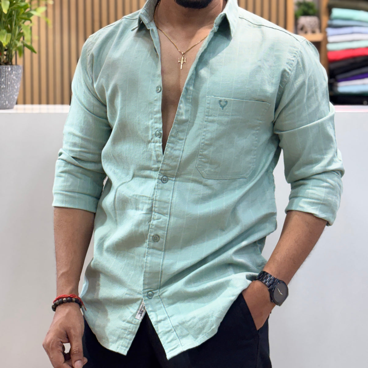 Premium Textured Cotton Shirt – Mint Green