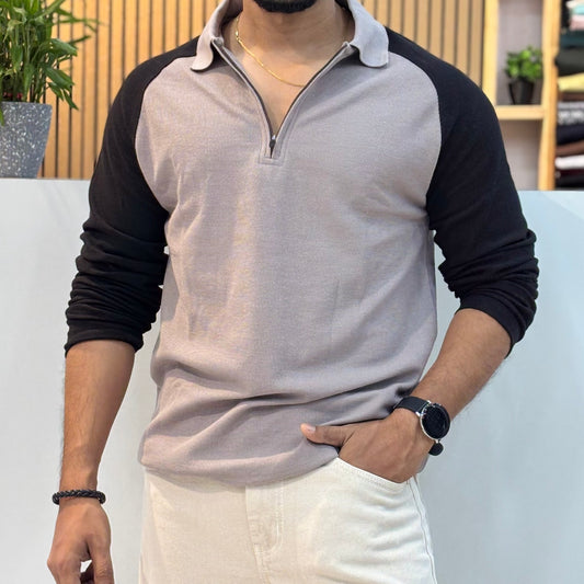 Raglan Polo Full Sleeve T-Shirt Grey