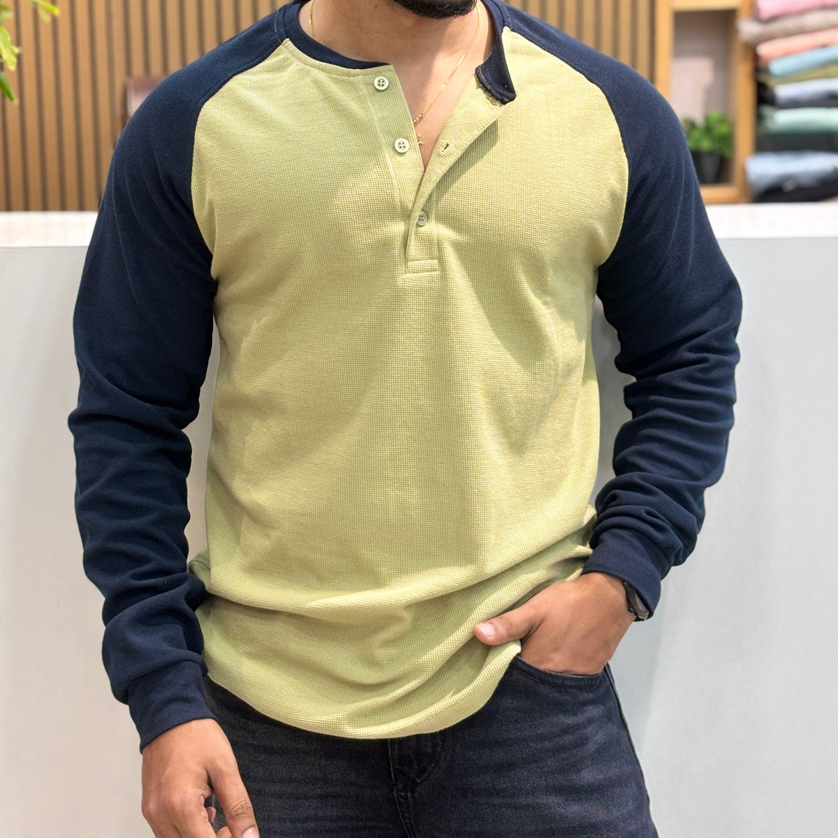 Raglan Ribbed Henley T-Shirt - Lemon