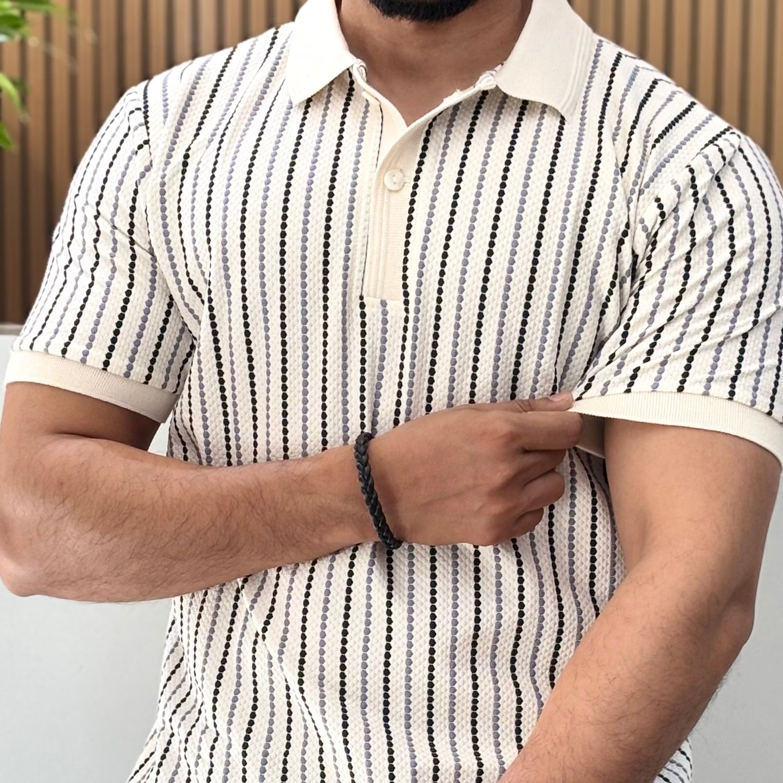 Textured Stripe Polo T-Shirt Grey & Black