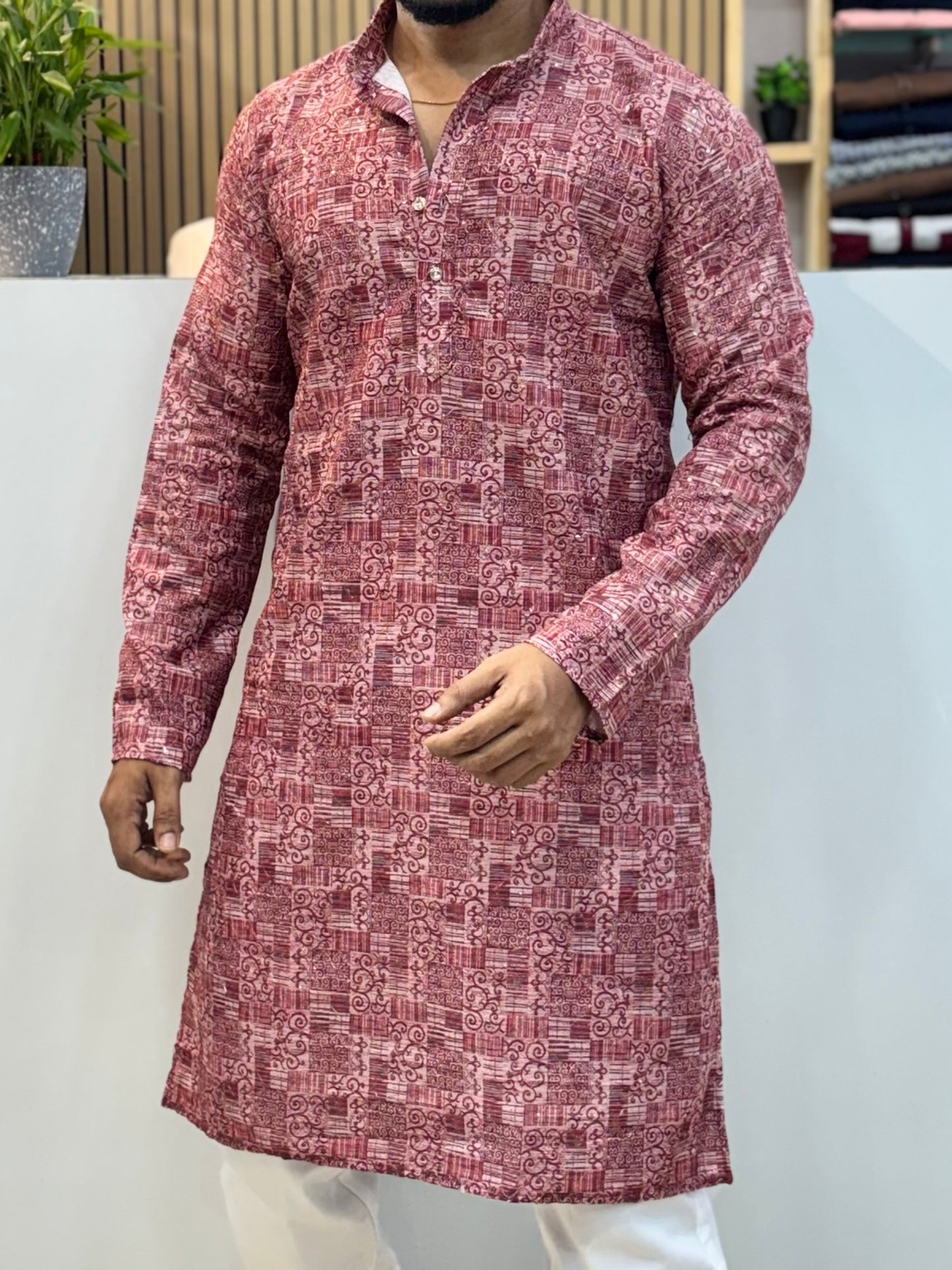 Printed Crochet Kurta Dusty Maroon