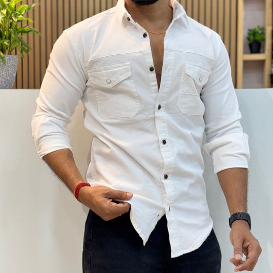 White Double Pocket Back Print Shirt