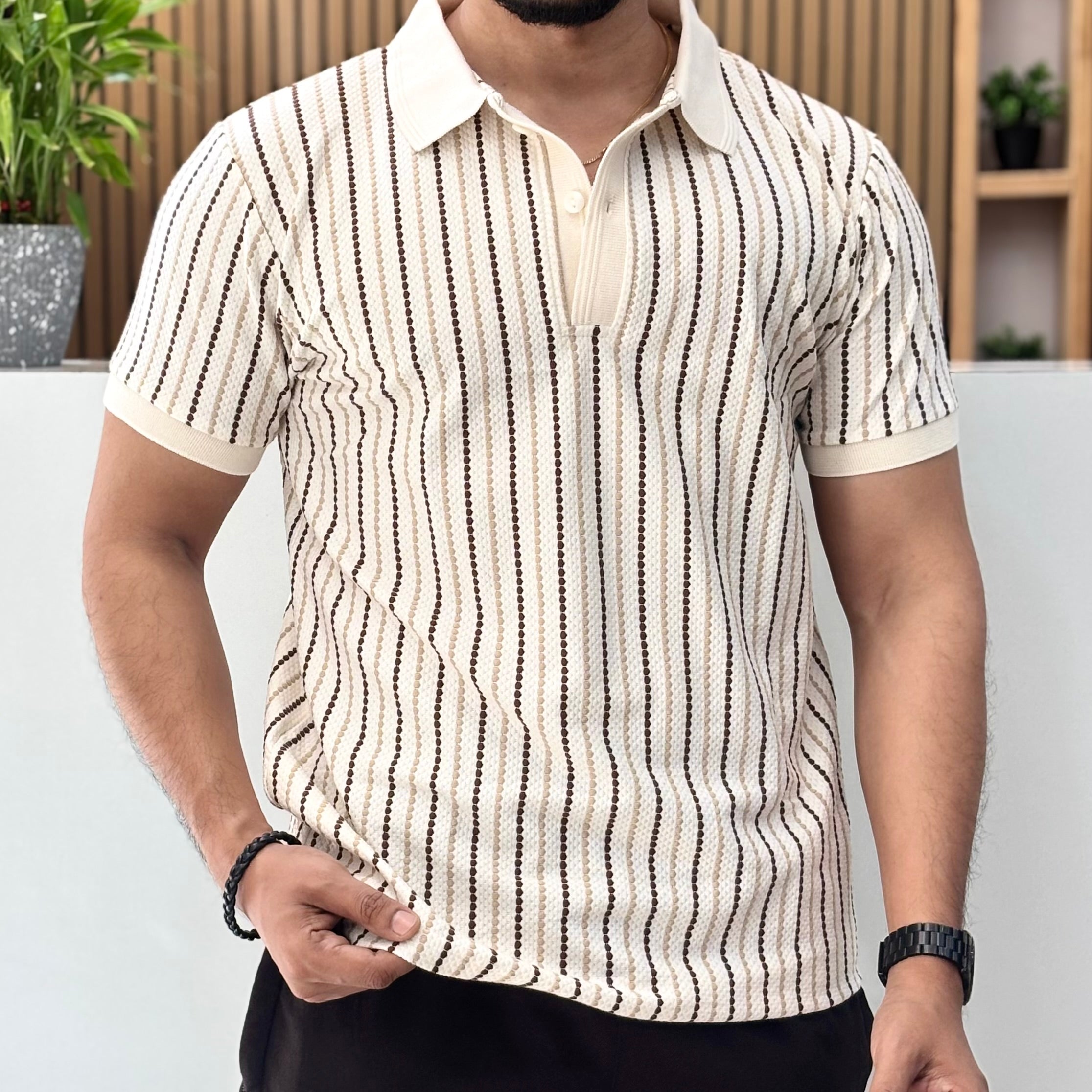 Textured Stripe Polo T-Shirt Brown & Cream