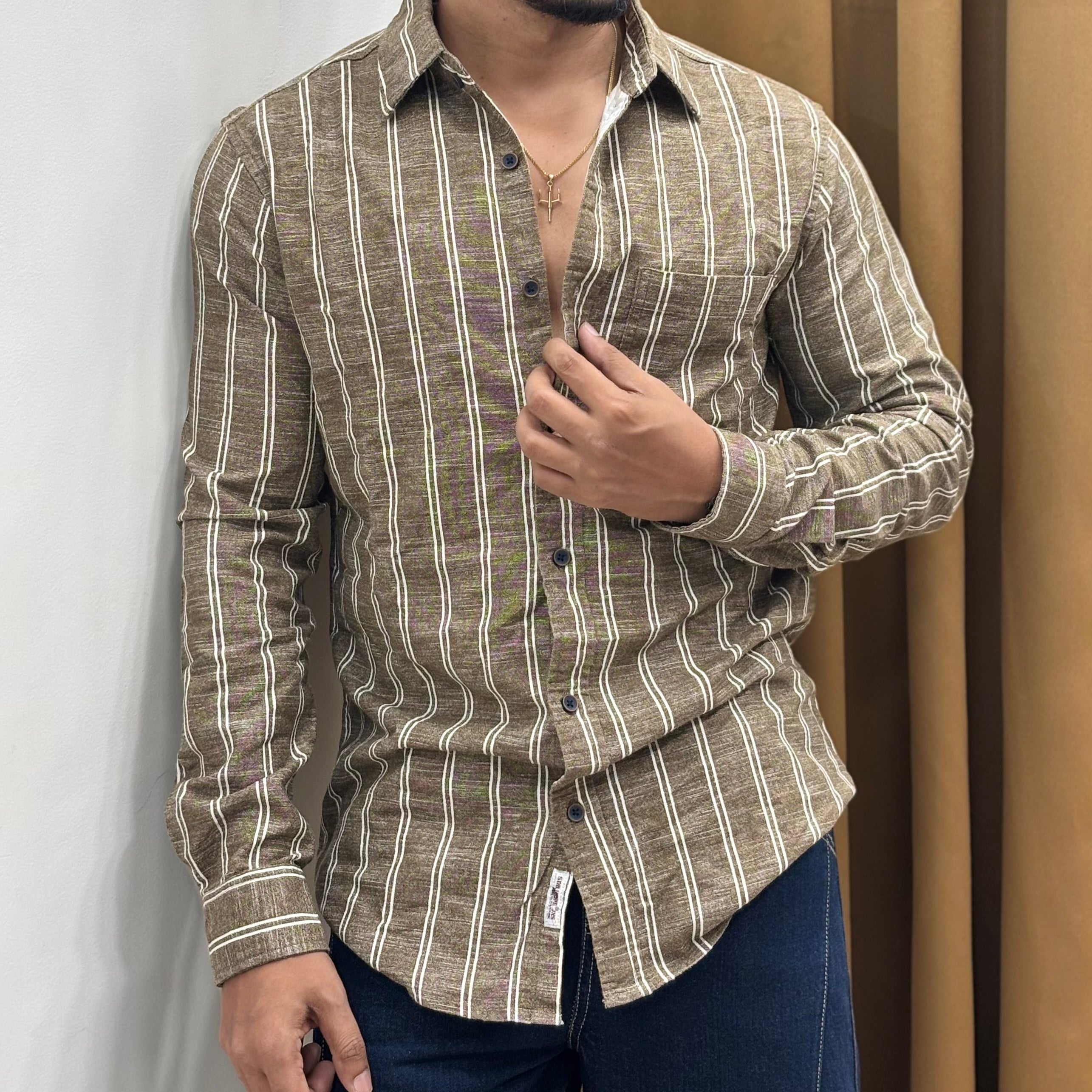 Taupe Brown Vertical Stripe Shirt