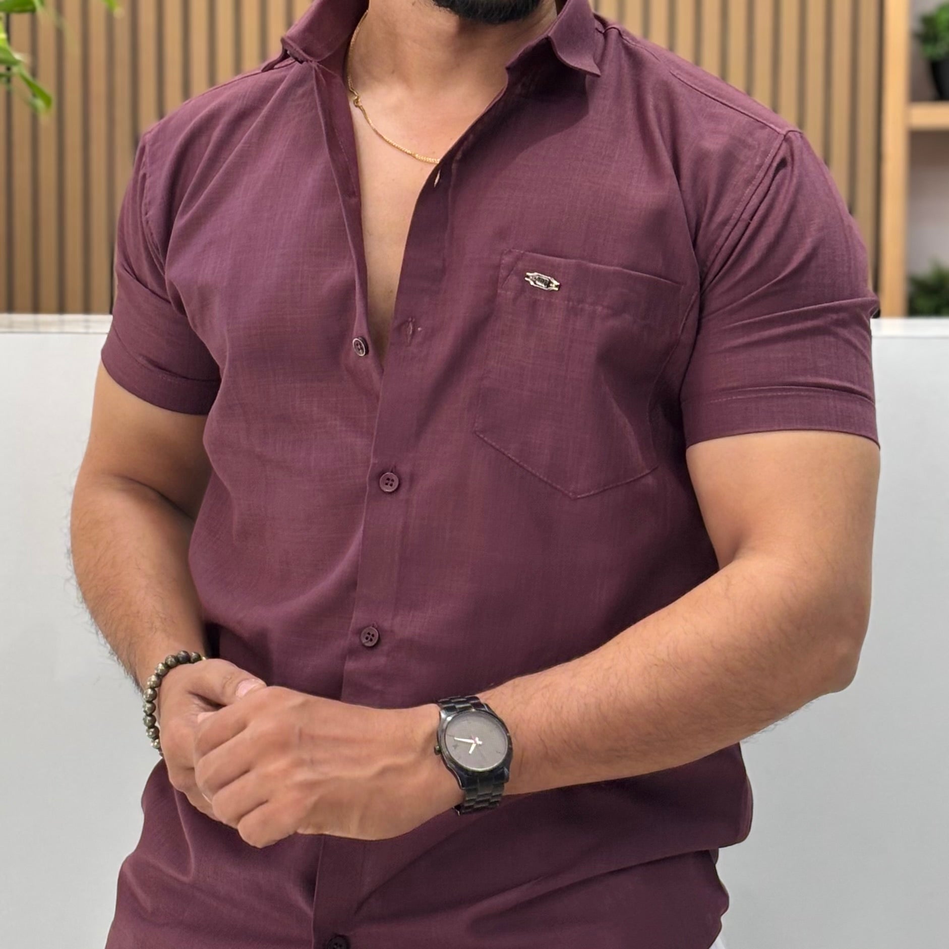 Half Sleeve Linen Blend Shirt Royal Wine