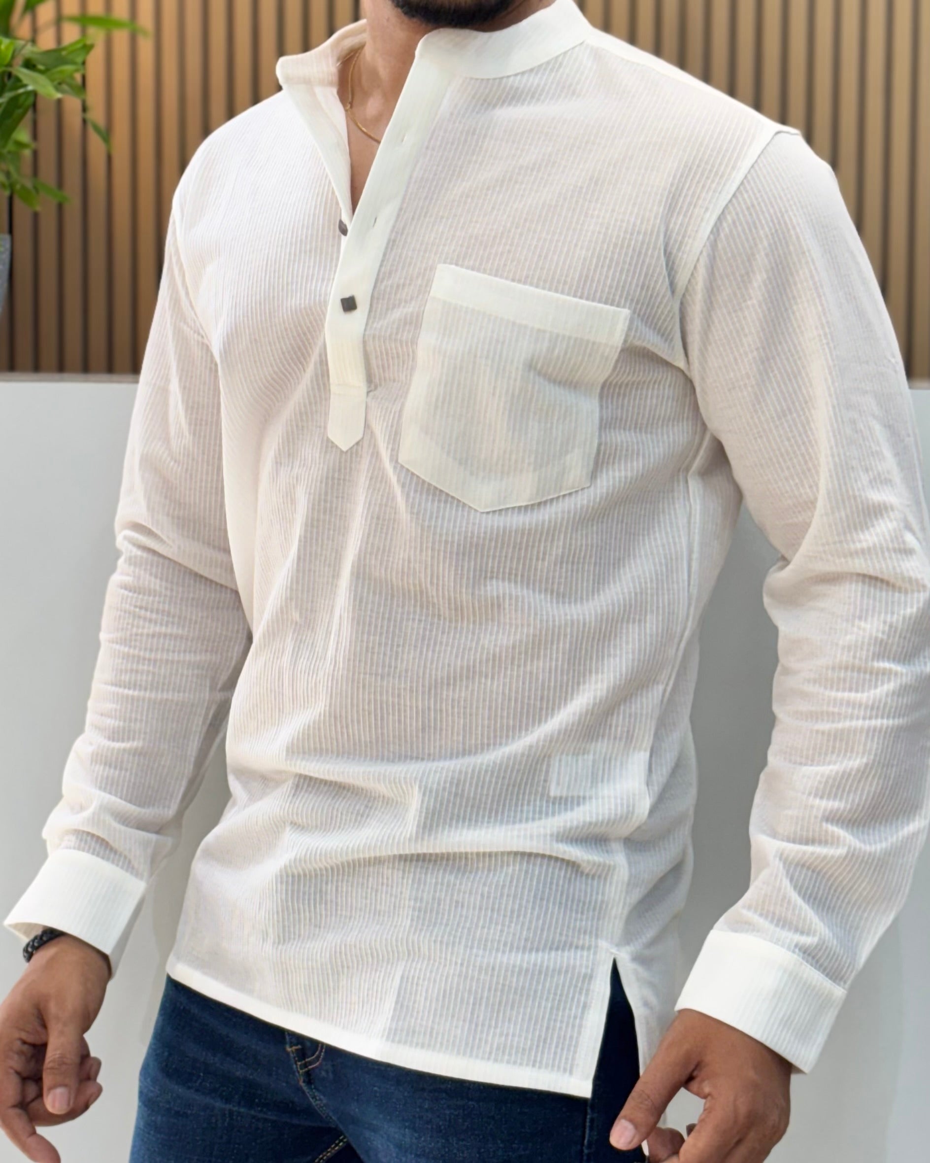 Men’s Mandarin Collar Textured Short Kurta