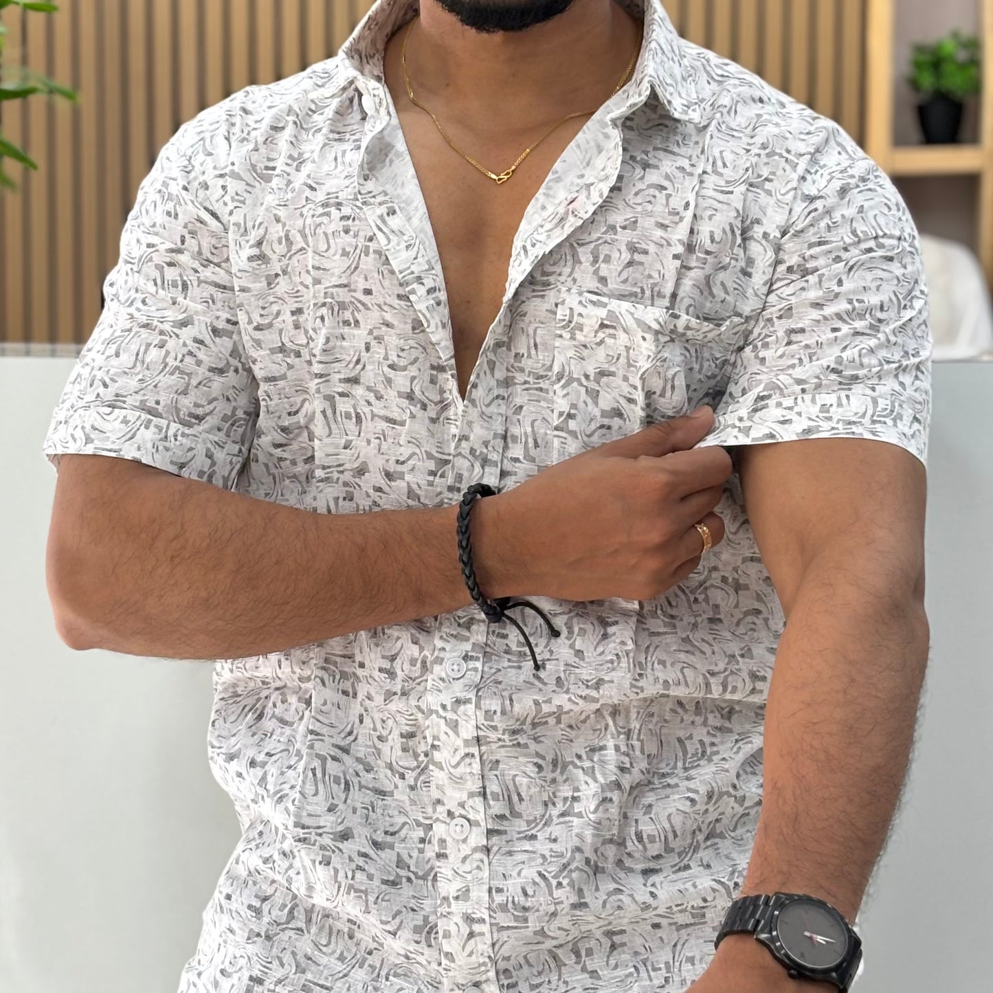 Half Sleeve Cotton Printed Shirt Grey