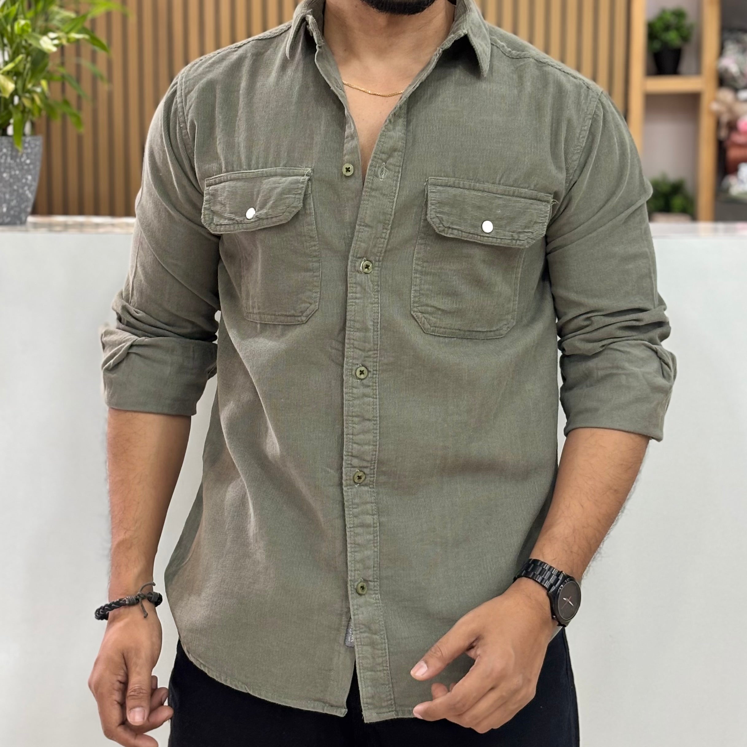 Corduroy Shirt Charcoal Olive