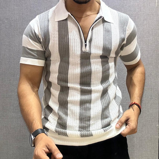 Grey Knitted Striped Half Sleeve T-Shirt with Zipper