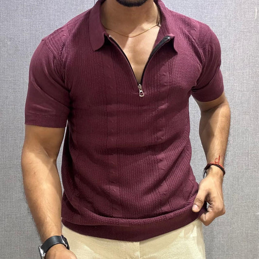 Maroon Knitted Half Sleeve T-Shirt with Zipper