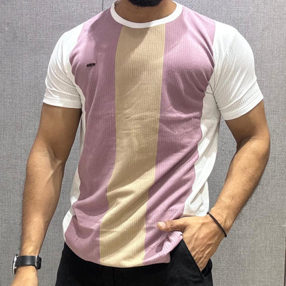 Peach Vertical Striped Half Sleeve Tshirt