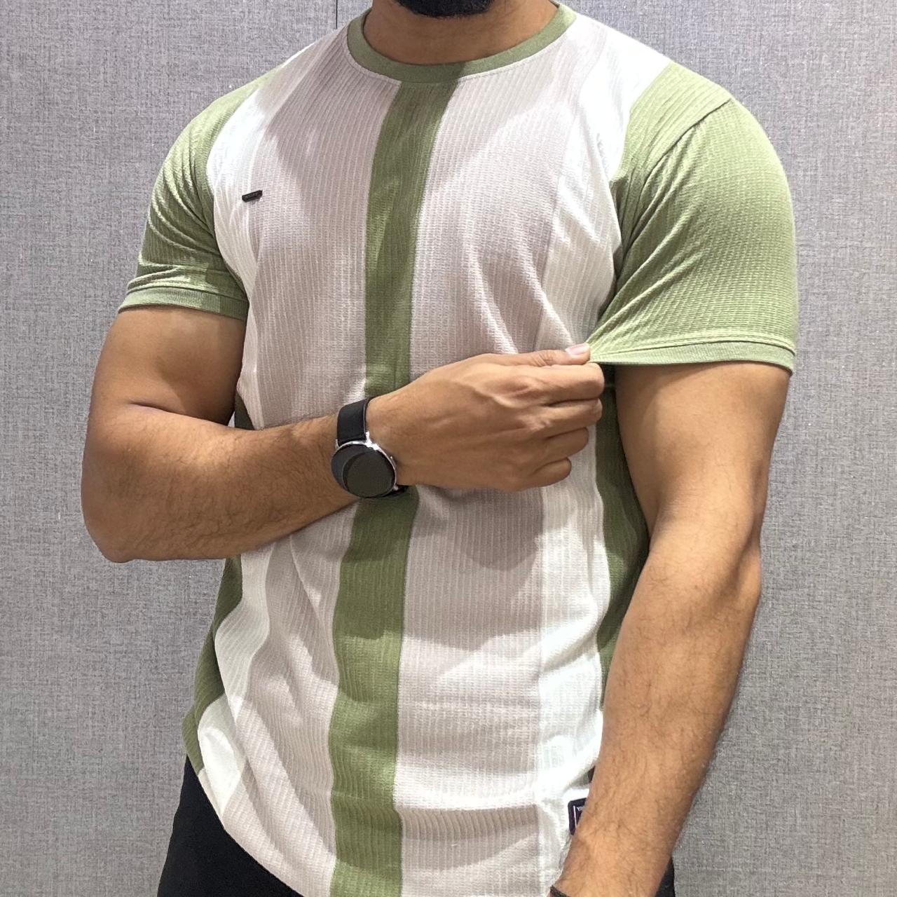 Green Vertical Striped Half Sleeve Tshirt