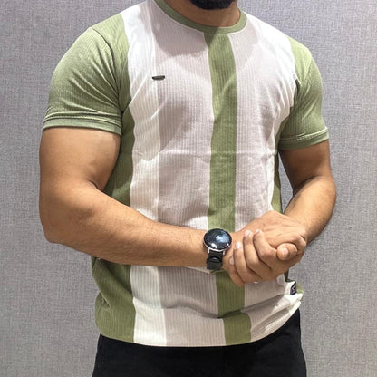 Green Vertical Striped Half Sleeve Tshirt