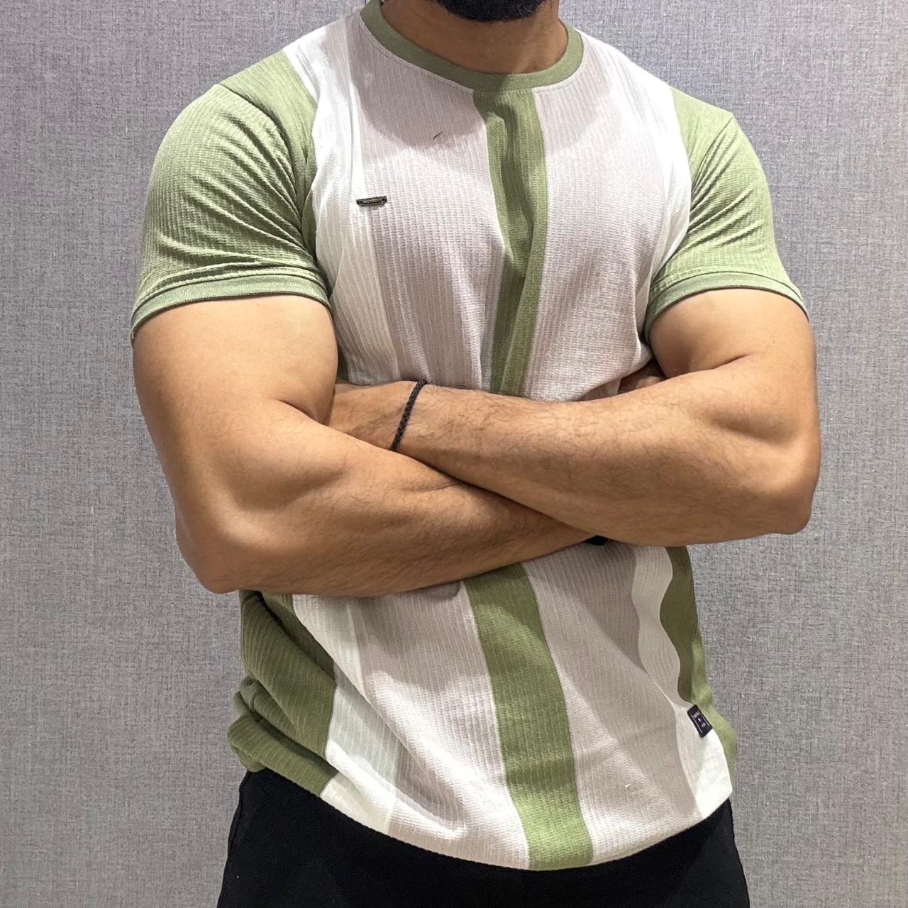 Green Vertical Striped Half Sleeve Tshirt