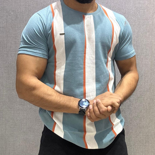 Blue Vertical Striped Half Sleeve Tshirt