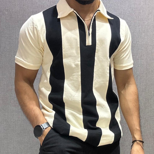 Striped Half Sleeve T-Shirt with Zipper